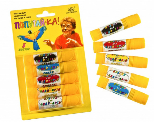 Набор красок для росписи по лицу и телу 5 цв "Попугай-ка", Аква-колор/К3208
