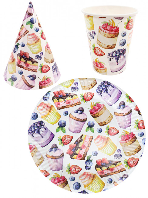 Набор для праздника Вкусняшки  (тарелка 6шт, стаканы 6 шт, колпаки 6 шт) ФЛ-6210