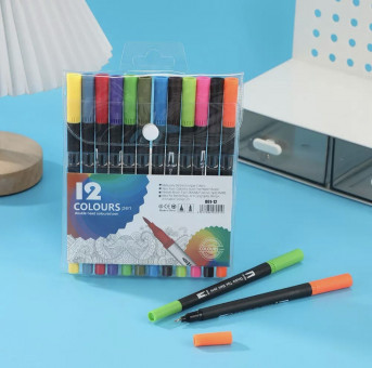 Набор фломастеров 12 цветов, двусторонние, наконечник кисть/наконечник линнер, (60)