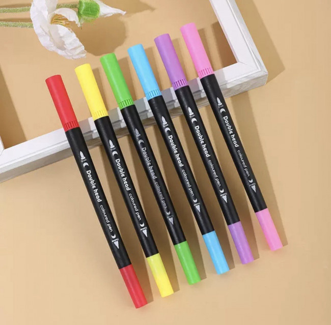 Набор фломастеров 12 цветов, двусторонние, наконечник кисть/наконечник линнер, (60)