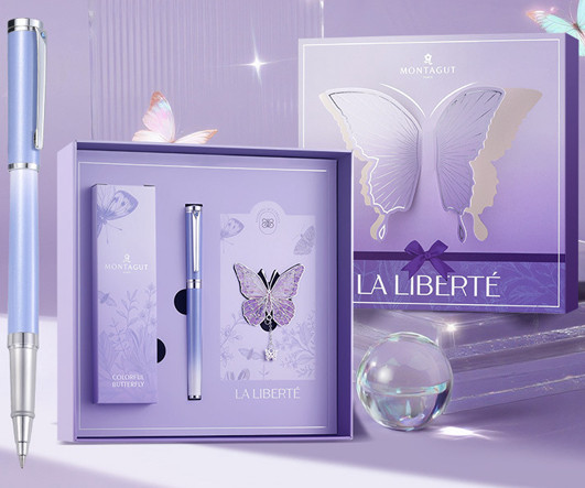 Ручка в футляре  TJ-95 Montagut (син) 0,6мм роллер, Темно-голубая градиент, корпус металл + чехлом, закладка "Бабочка", в к/к №702А (1/40)