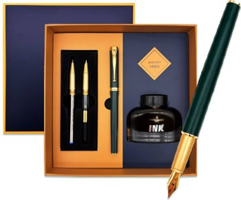 Ручка в футляре  TJ-96 Montagut (син) 0.5мм перьевая, Зеленая/золото, металлический корпус, поршневая + чернила 30мл, сменное перо, сменная ручка роллер со стержнем, в к/кор M308 (1/30)