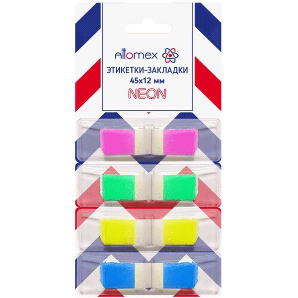 Набор самоклеящихся этикеток-закладок "Attomex" пластиковые полупрозрачные, в индивидуальном диспенсере Z-сложение, 45x12 мм, 4x50 листов, 4 неоновых цвета, в картонном блистере