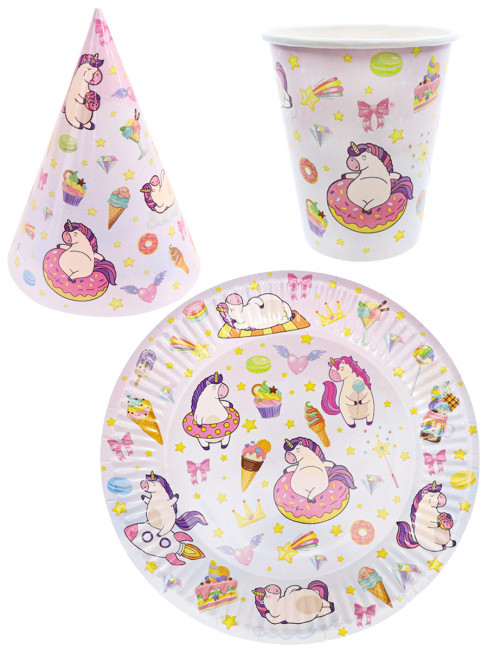 Набор для праздника Единорожки (тарелка 6 шт, стаканы 6 шт, колпаки 6 шт) ФЛ-6231