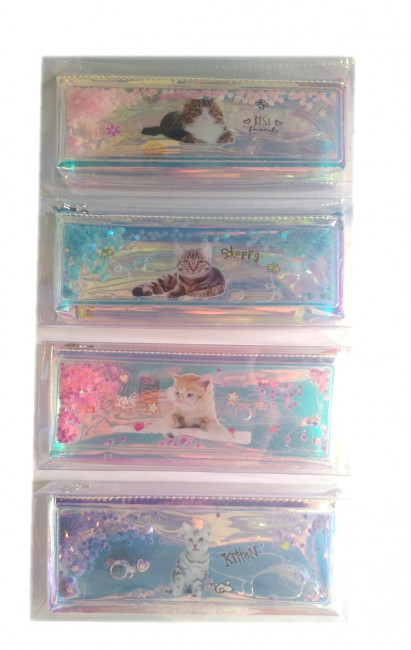 Пенал-косметичка: "КОШКИ"; из синтетического материала с плавающими цветными звёздочками, полупрозрачный (гладкий, перламутровый), на молнии, с рисунком /ассорти/, в пластиковой упаковке; размер 21*8,5 см.