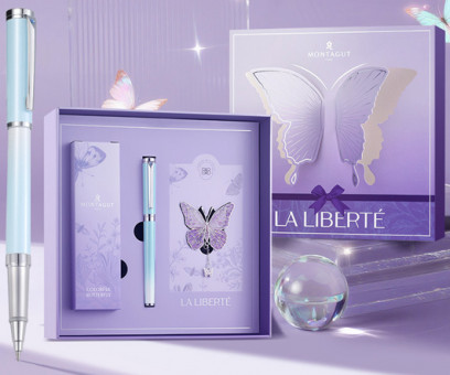 Ручка в футляре TJ-94 Montagut (син) 0,6мм роллер, Светло-голубая градиент, корпус металл + чехлом, закладка "Бабочка", в к/к №702А (1/40)