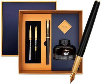 Ручка в футляре  TJ-97 Montagut (син) 0.5мм перьевая, Черная/золото, металлический корпус, поршневая + чернила 30мл, сменное перо, сменная ручка роллер со стержнем, в к/кор M308 (1/50)