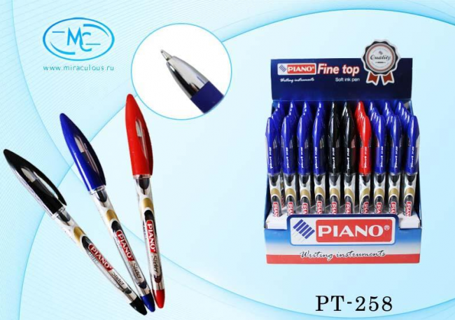 Ручка шариковая  на масляной основе,"Piano Slider" , пластиковый корпус с рисунком, резиновый держатель,металличес. наконеч.цветной колпачок с прозрачной вставкой, /3 цв.- 35шт.-синих, 10шт.- черных, 5 шт- красных/.0,7mm