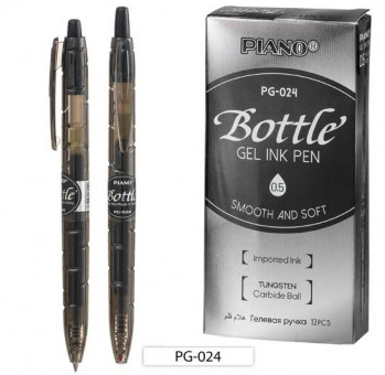 Ручка автоматическая гелевая 0,5мм черная "Bottle" прозрачный корпус с насечкой, PIANO/PG-024 (12)