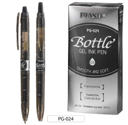Ручка автоматическая гелевая 0,5мм черная "Bottle" прозрачный корпус с насечкой, PIANO/PG-024 (12)