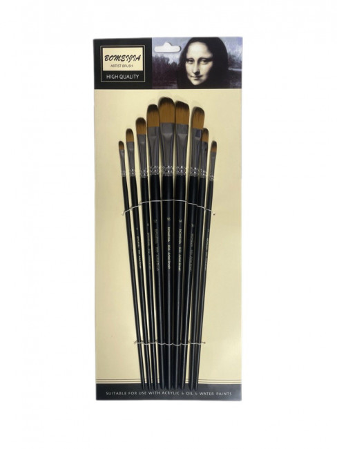 Кисти набор 9 шт. синтетика, плоские, овальные (№0,2,4,6,8,10,12,14,16) деревянная ручка, Bomeija/A803