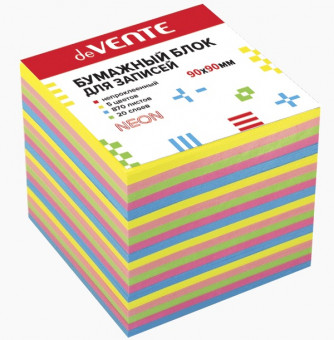Куб бумажный для записей 90x90 мм, 870 листов, 5 неоновых цветов, 20 слоев, непроклеенный, офсет 80 г/м², deVENTE