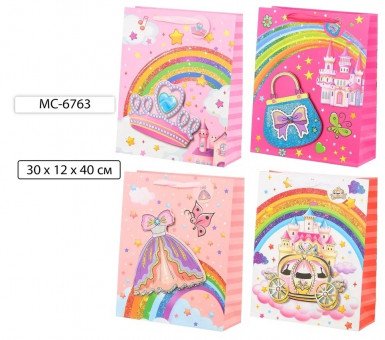 Пакет подарочный 30*12*40см "Для маленьких принцесс", с объёмной аппликацией, с блёстками, Basir/МС-6763 (20)